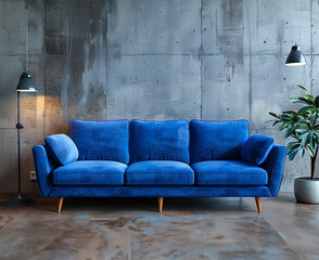 Minimalist Scandinavian living room, blue sofa, concrete wall