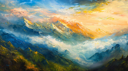 An oil painting on canvas. Golden peaks of the Elbrus
