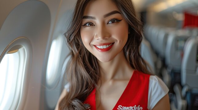 Beautiful stewardess on the plane smiles Picture of an Asian flight attendant posing to say hello Flight crew or stewardesses work in airplanes.