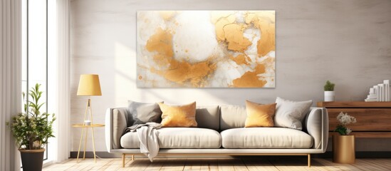 Abstract golden wall art with paint, shapes, and watercolor textures for interior decor and prints.