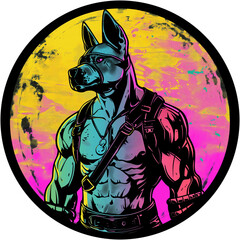 Pumped male dog in leather harness. Circular graphic gay symbol no background, transparent background, png