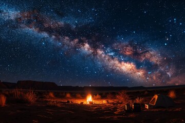 Cosmic Canopy: Starlit Skies Over Desert Campfire - obrazy, fototapety, plakaty