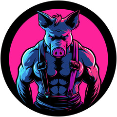 Club pumped male pig in leather suspenders. Circular graphic symbol no background, transparent background, png