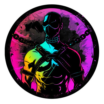 Neon rainbow gay guy in leather harness and mask with chains. Rainbow circle image for t-shirts no background, transparent background, png