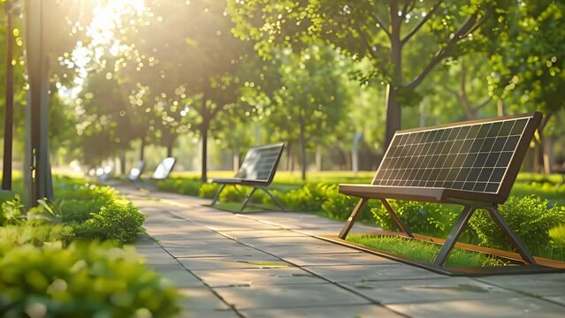 A park in a smart city with solarpowered benches providing both seating and charging stations for visitors. The park is surrounded by greenery and has a peaceful ecofriendly