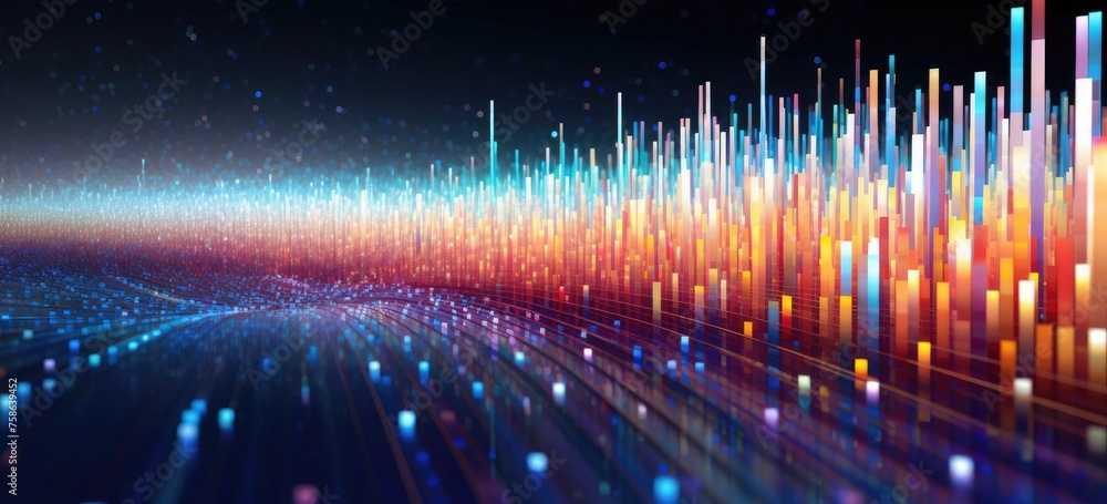 Poster abstract financial technology symbols amidst dynamic light streaks, creating a captivating bokeh bac