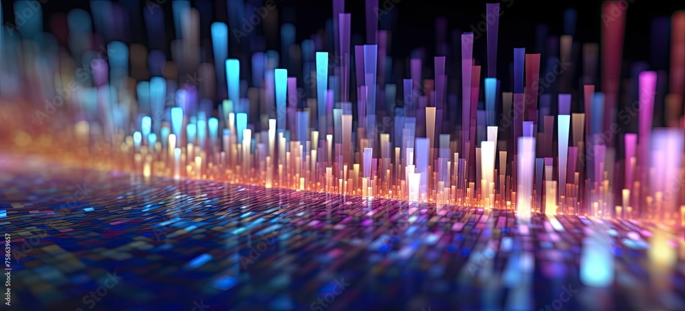 Poster abstract financial technology symbols amidst dynamic light streaks, creating a captivating bokeh bac