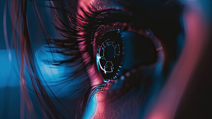 Closeup of a human eye with a futuristic interface reflected on the surface encompassing blue and red hues - obrazy, fototapety, plakaty