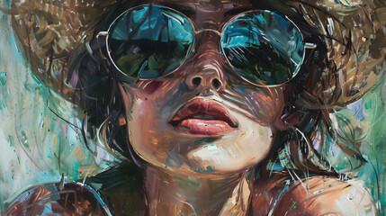 An oil painting portrait of a woman wearing sunglasses