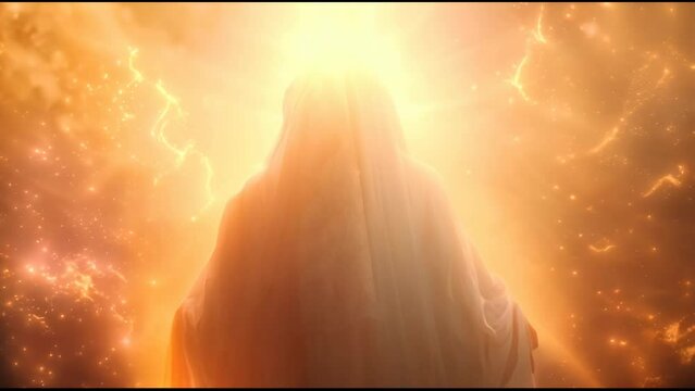 Holy man in a robe enshrouded in a miracle light. Back view of image of Jesus Christ, religion and faith concept