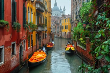 Gondolas navigate a misty canal in Venice, lined with vibrant houses. - obrazy, fototapety, plakaty