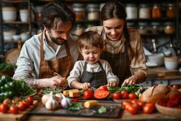Parents teach their child cooking skills in a rustic kitchen.