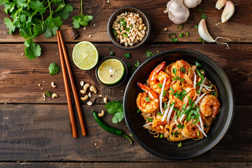 Authentic Pad Thai Noodles with Fresh Shrimps,Delicious Pad Thai served with succulent shrimps, crushed peanuts, lime wedges, and fresh herbs on a rustic wooden table.
