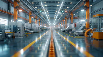 Modern industrial factory interior with a symmetrical perspective of a long hallway flanked by high-tech machinery, glowing fluorescent lights