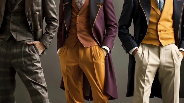 A series of images depicting the evolution of mens fashion from the tailored suits and top hats of the 19th century to the more casual and relaxed styles seen in the 1960s