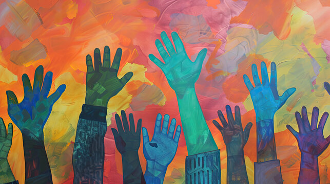 Colorful mural of raised hands with a vibrant abstract background suggesting diversity and unity through art and expression