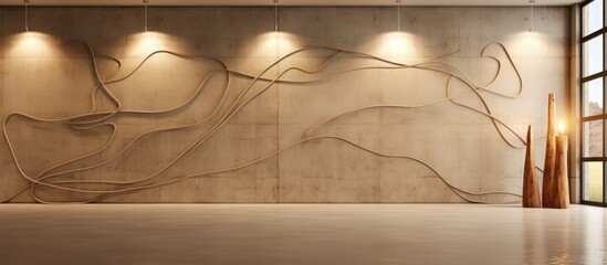 Abstract interior design with smooth beige concrete walls and brown wires