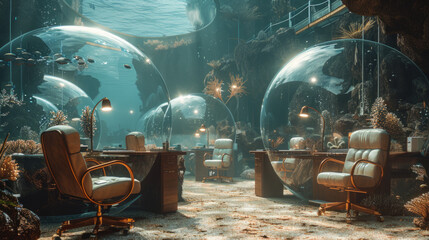 Futuristic underwater office setting with transparent dome-like structures providing views of the ocean life. The scene includes a desk, chairs, and ambient lighting amidst marine flora.