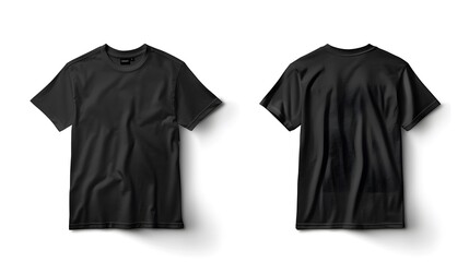 Black t-shirt mockup, front and back, flat lay, realistic.