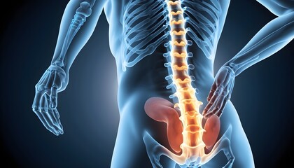 A partial X ray image of the lumbar and sacral region with a person s hand pressing against their lower back revealing signs of disc herniation and spinal instability