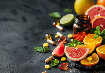Vitamintabletten Obst auf einen Tisch, KI generiert
