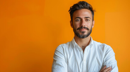 Obraz premium Confident young man in a white shirt standing against an orange background with arms crossed, looking at the camera.