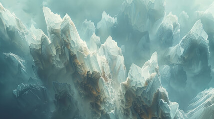 Majestic, crystalline mountain range extends towards a misty horizon, capturing the raw beauty and serene atmosphere of a natural wonder - obrazy, fototapety, plakaty