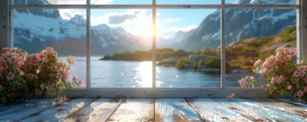 Fotobehang Reinefjorden Beautiful scenery: empty white wooden table, Reine, Lofoten, Norway, blurred bokeh out of an open window, product display, defocus bokeh, blurred background with sunlight. product display template