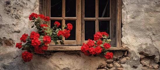 Fototapeta na wymiar A window on a stone wall adorned with red flowers, creating a beautiful contrast against the building facade. The vibrant petals add a touch of natural art to the house