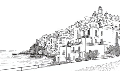 a black and white drawing of a city next to the ocean