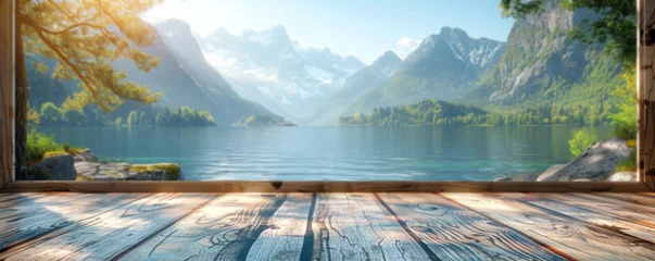 Peel and stick wall murals Reinefjorden Beautiful scenery: empty white wooden table, Reine, Lofoten, Norway, blurred bokeh out of an open window, product display, defocus bokeh, blurred background with sunlight. product display template