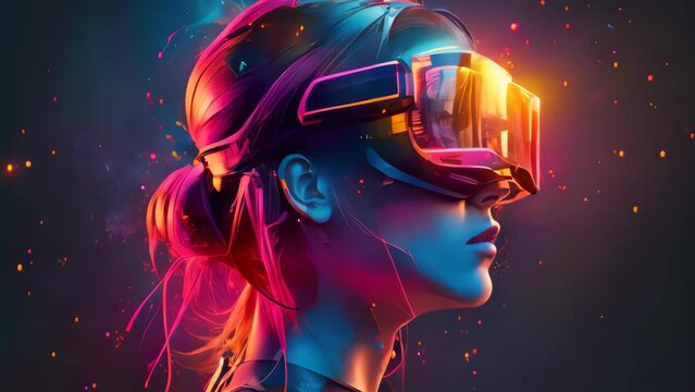 Woman using vr glasses and technology future abstract background. Generative ai.