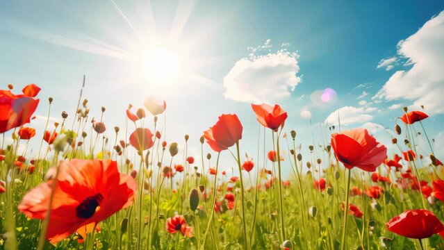 Summer landscape of beautiful red poppy flowers in meadow on blue sky abstract background. Generative ai.