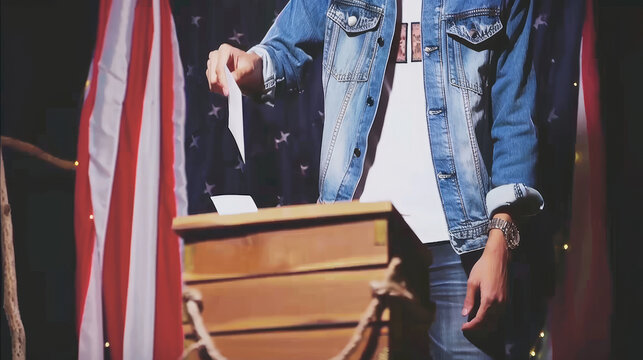 Closeup of a person standing with a casual denim outfit behind a wooden podium adorned with the American flag