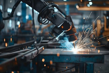A robotic arm assisting in the manufacturing process, precisely welding metal components together in a factory. - obrazy, fototapety, plakaty