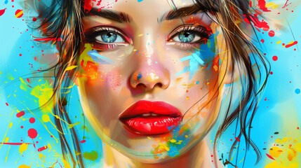 Art Portrait of beautiful woman with red lips and colorful face
