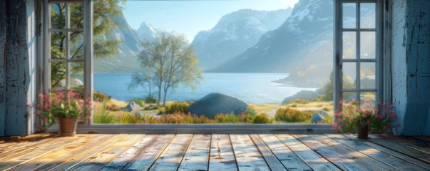 Foto op Plexiglas Reinefjorden Beautiful scenery: empty white wooden table, Reine, Lofoten, Norway, blurred bokeh out of an open window, product display, defocus bokeh, blurred background with sunlight. product display template