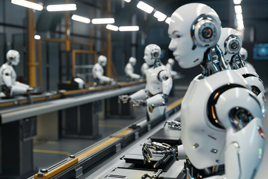 AI-driven robots assembling products on a manufacturing line with precision and efficiency.