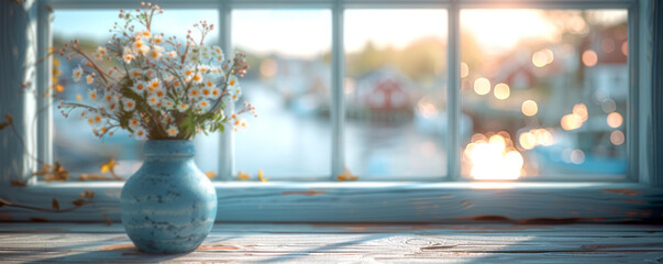 Beautiful scenery: empty white wooden table, Reine, Lofoten, Norway, blurred bokeh out of an open window, product display, defocus bokeh, blurred background with sunlight. product display template