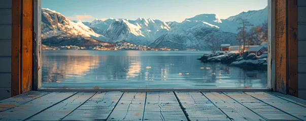 Peel and stick wall murals Reinefjorden Beautiful scenery: empty white wooden table, Reine, Lofoten, Norway, blurred bokeh out of an open window, product display, defocus bokeh, blurred background with sunlight. product display template