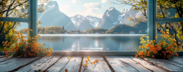 Photo sur Plexiglas Reinefjorden Beautiful scenery: empty white wooden table, Reine, Lofoten, Norway, blurred bokeh out of an open window, product display, defocus bokeh, blurred background with sunlight. product display template