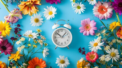 Colorful flowers surrounding a classic white alarm clock on a blue background. time and nature concept in a still life style. ideal for design and decor. AI