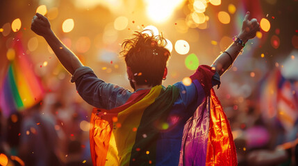 persona omosessuale  di spalle con braccia aperte alla parata dell'orgoglio con bandiere LGBTq - obrazy, fototapety, plakaty