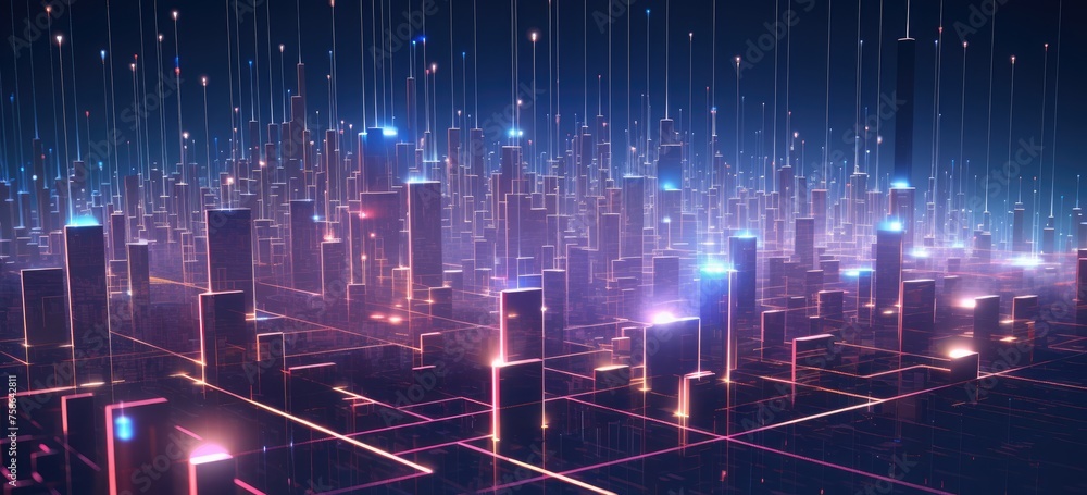 Poster envision a cityscape where high-rise structures are intertwined with data connections, exemplifying 