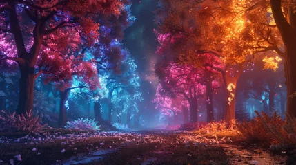 Fotobehang Enchanting forest pathway illuminated by the ethereal glow of multi-colored lights amidst the trees, with a starry sky peeking through the canopy above © ChubbyCat