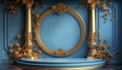 empty Podium and baroque gold motifs on blue background, elegant style, used for displaying products
