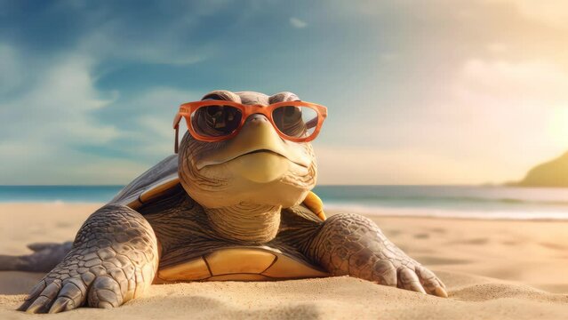 Summer concept. Turtle wear sunglasses on beach abstract background. Generative ai.
