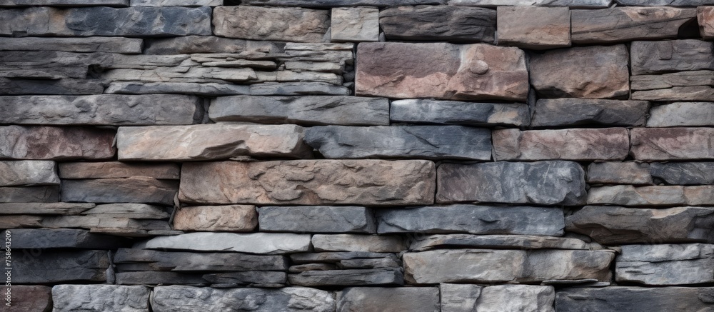 Poster a detailed closeup of a stone wall constructed from a mix of rocks including cobblestones, creating 