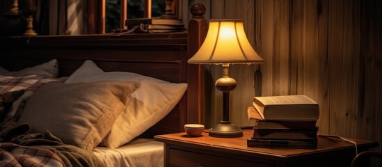 Bedroom with book and lamp on table
