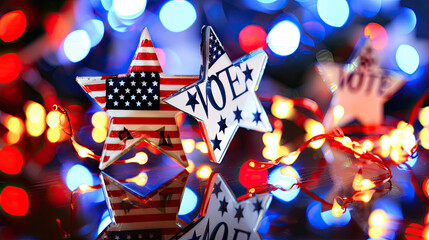 Patriotic starshaped decorations with the American flag design and the word VOTE surrounded by colorful twinkling lights